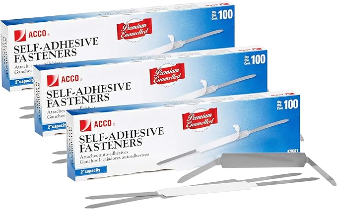 ACCO Self-Adhesive Fasteners, 2" Capacity, Premium, 100 Fasteners/Box (70021), Brown (Pack of 3)