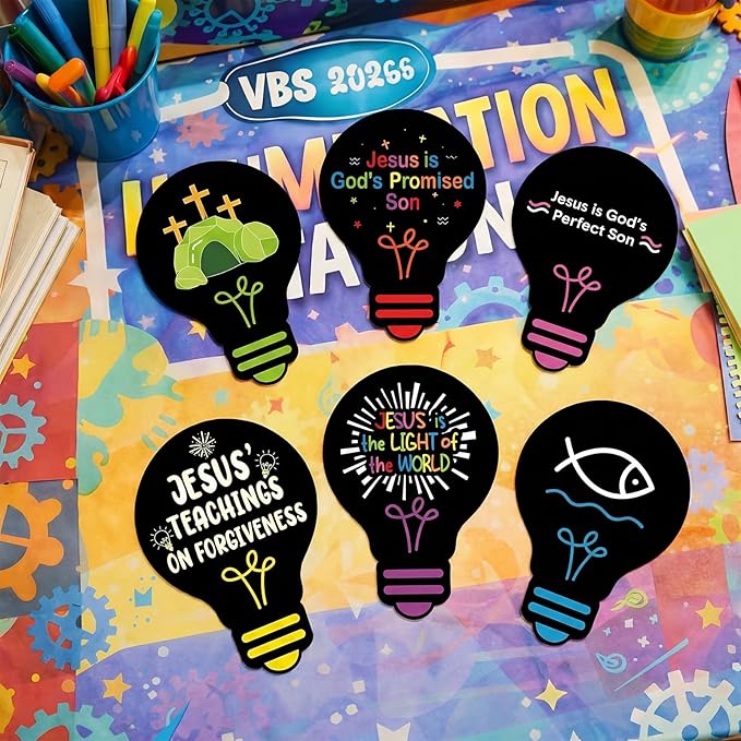 Eaasty 144 Pcs 4.6 x 3.2'' 2026 Vbs Vacation Bible School Memory Tags Illumination Theme Light Bulb Tags Double-Sided Printed for Jesus Faith Learning Church Activity Supplies