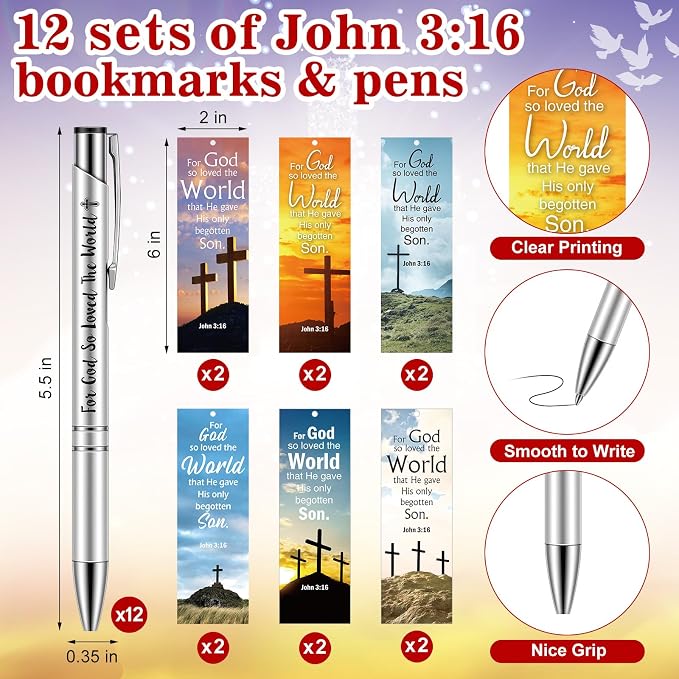 Dispowreath 24 Pcs/ 12 Sets John 3: 16 Church Gifts Religious Christian Gifts Include 12 Bible Verse Pen, 12 Religious Cross Bookmark for Church Handouts Prizes Party Favors