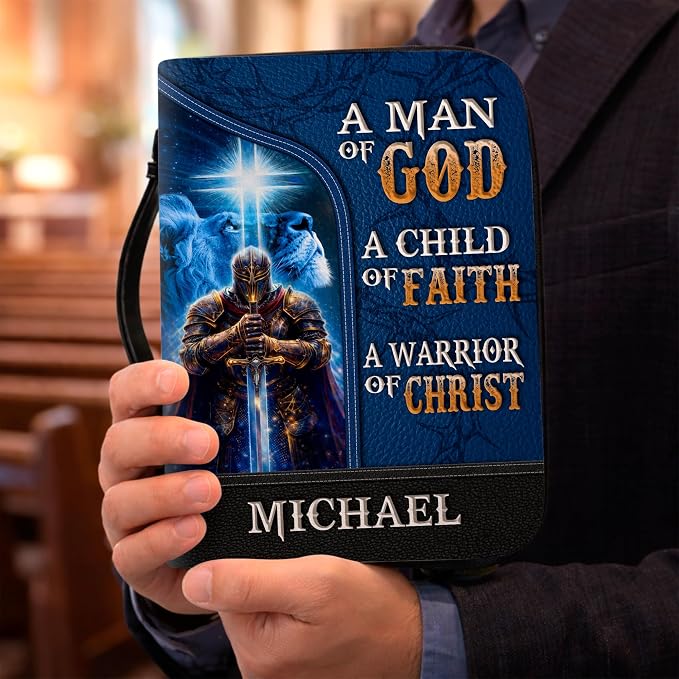 Personalized Man of God Bible Cover, God Says I Am Bible Case PU Leather, Bible Holder Handle Zipper, Faith Scripture with Name Case Bag, Religious Gifts for Church Christians Women Men (02)