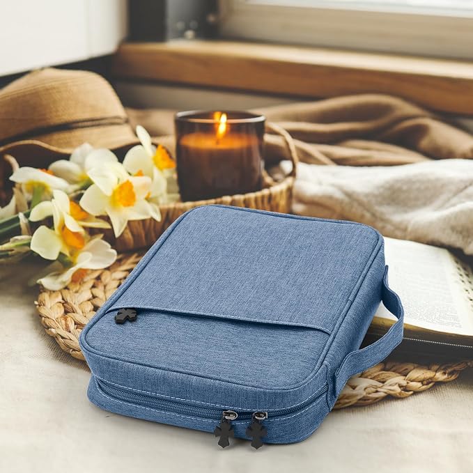 MOSLA Bible Cover Bag with for Women Men, Scripture Study Carrying Book Cover Church Bag with Handle and Pocket for Fathers Mothers Mom Kids, Catholic Church, Christian Gifts Dark blue