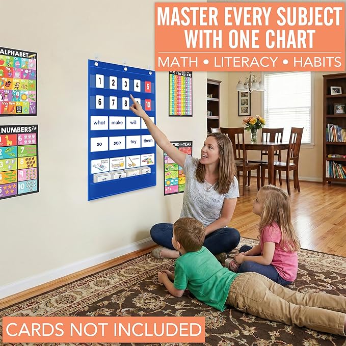 Pocket Chart for Classroom - 5+1 Small Blue Pocket Chart for Alphabet Learning Word Wall Calendar Daily Schedule Sentence Strips Sticker Display, Teacher Supplies for Preschool Kindergarten & Home