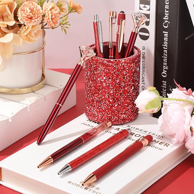 Sabary 8 Pcs Red Pens with Pen Holder for Desk Glitter Crystal Diamond Cute Ballpoint Fancy Pencil Holder Bling Desk Organizer for Women Girls School Office Supplies Wedding Graduation Gifts