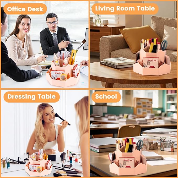 Pencil Pen Holder, 360° Rotating Pen Holder, Desk Organizer with 9 Slots, Desktop Stationery Storage for Office, School & Home, Art Supplies Desktop Decor, Pink