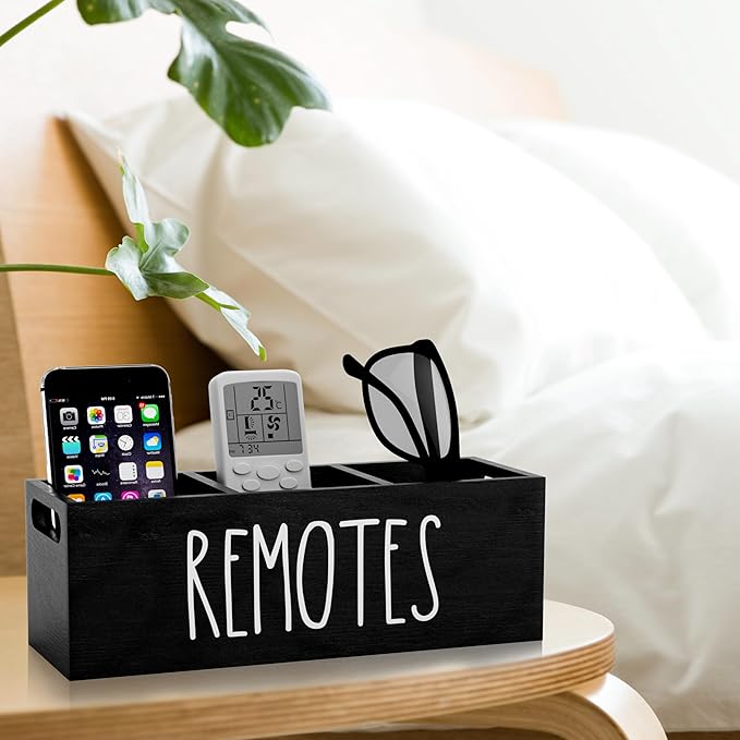 Remote Holder for Table, 3 Slots Wooden TV Remote Control Holder, Bedside Remote Control Storage Organizer - 10" x 3.3" x 3.3" Black