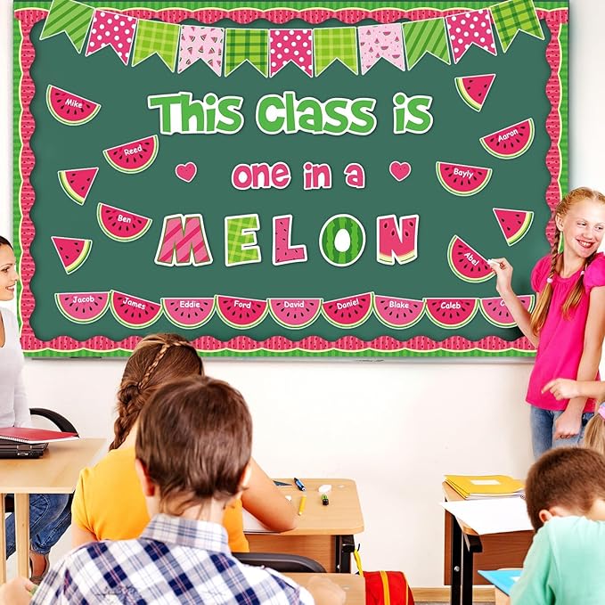 ZOiiWA Watermelon Bulletin Board Decorations One in a Melon Bulletin Board Back to School Watermelon Paper Cutouts Sweet Summer Classroom Decoration for School Home Office Window Wall Decor