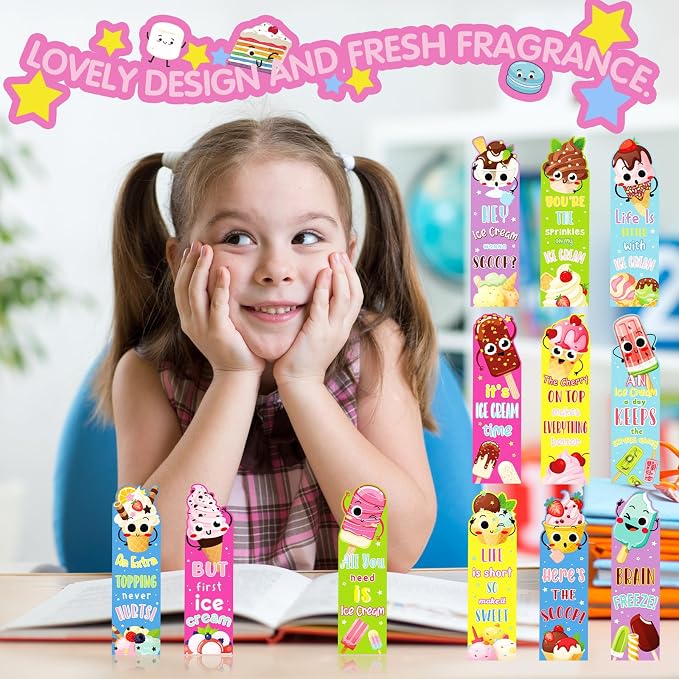 Fainne 60 Pieces Ice Cream Scented Bookmarks Kids Bulk Scratch and Sniff Classroom Valentines Back to School Bookmarks Gift Stuff for Students Christmas End of Year Graduation Birthday Favor