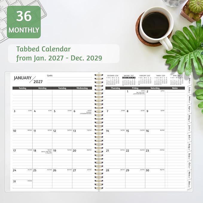 Monthly Planner 2027-2029, 36 Months Calendar Planner 2027-2029 from Jan 2027 – Dec 2029, 8.5'' x 11'' with Ruled Spread, Flexible Cover, Spiral Wirebound, Pocket, Coated Tabs, Notes ＆ Habit Tracker