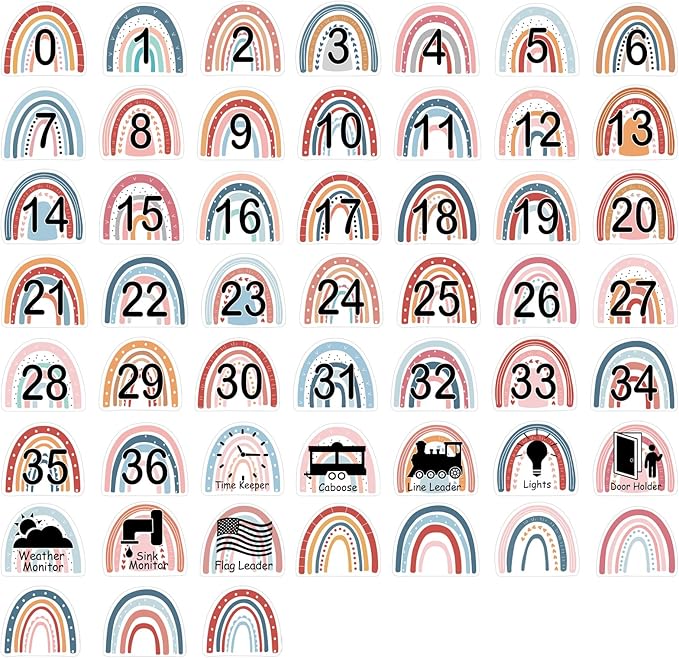 COCHIE 4" Number Stickers Boho Classroom Decor Set, 52PCS Line up Spots for Classroom Floor Decals Sticker Labels Accents Cutouts, Back to School Preschool Kindergarten Decorations (Rainbow)