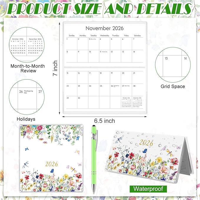 Gueevin 2026 Pocket Calendar for Purse with Pen Small Pocket Planner Handy Weekly Monthly Planner Journal Writing Notebook Valentine New Year Gift Sister Friend Women(Wildflower,Light Green)