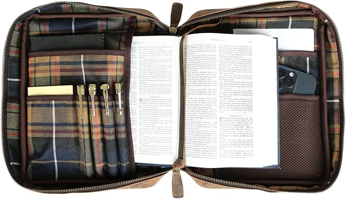 Leather Bible Cover for Men & Women – Zippered Bible Case with Handle, Note & Pen Organizer – Fits Large Study Bible – 11.5x8.5 Inch (Hunter)
