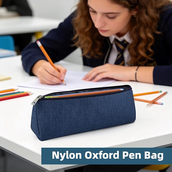 Blue Large Capacity Pen Bag Portable Stationery Pouch Premium Nylon Oxford Cloth Zipper Organizer for Office Business Travel