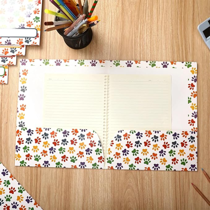 Yexiya 24 Pcs Dog Folders Paw Print Folders with Pocket Multi Colored Puppy for Breeders Paperwork Dog Pocket File for Kids Students Educational and Learning Activities Classroom(White)
