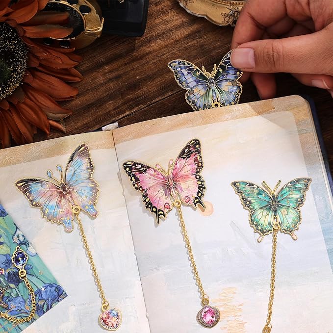 6 Pieces Metal Butterfly Bookmarks with Chain, Golden Hollow Bookmark Monet Oil Painting Theme Book Mark Bookmarks for Book Lovers Women Writers Readers Children Teens