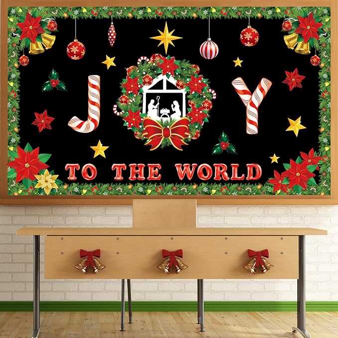 Christmas Nativity Bulletin Board Decorations Religious Joy to The World Classroom Decoration Christian Xmas Wreath Cutouts for Winter Holiday Home Office Church Sunday School Chalkboard Wall Supplies