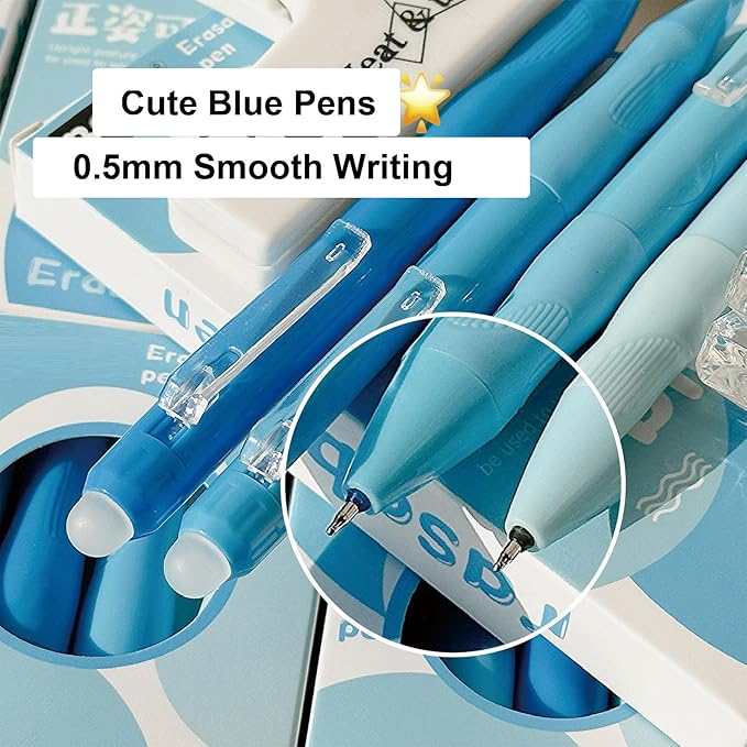 MOZXIRZ 4 Pcs Cute Erasable Gel Pens Erasable Retractable Gel Pens 0.5mm Black Ink Pen Aesthetic Pen for Women Girls Boys Men Office School Supplies (Blue-Black Ink)