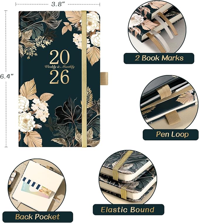 2026 Planner - 2026 Pocket Planner, Jan. 2026 - Dec. 2026, 6.2''×3.9''(A6 Size), 12 Months 2026 Small Calendar Planner, Hardcover, Pen holder, 2 Book Marks, Inner Pocket