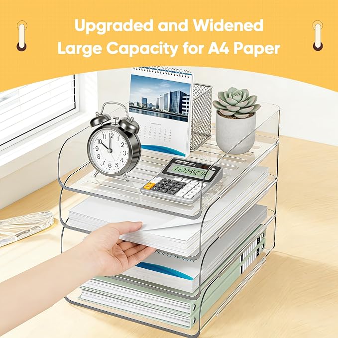 HIYOHIYO Clear Office Desk Organization for A4 Letter Paper, 4-Tier | Vertical Style, Stackable, Large Capacity, Sturdy Office Organizer for File Folder, Stable Home Desktop Holder and Storage