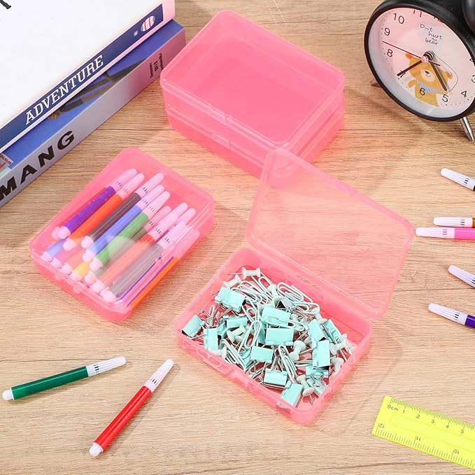 Dunzoom 25 Pcs Plastic Crayon Boxes with Lids, 4.53 x 3.35 x 1.1 Inches Stackable Small Storage Organizer Containers Crayon Pencil Case for Art Crafts Jewelry Beads Office Supplies(Pink)