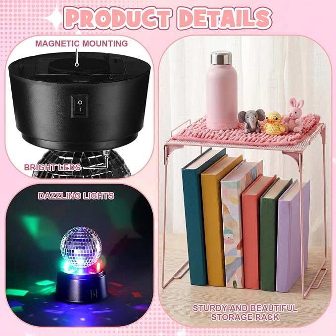 Pinkunn 17 Pcs Disco Ball Locker Accessories Include Locker Organizer Shelf Disco Ball Rug Magnetic Mirror Whiteboard Pen Holder Flower Magnets Marker for Back to School Essentials (Pink,Preppy)
