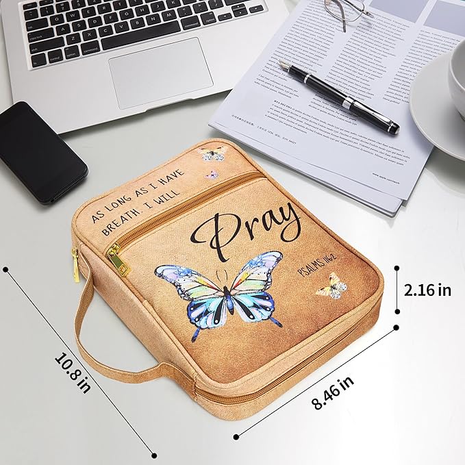 Bible Cover for Women, Bible Holder, Bible Cover Carrier Carrying Organizer Bag, God is Within Her She Will Not Fall, Zipper and Pockets for Standard Size Bible, Gift for Women（Butterfly）