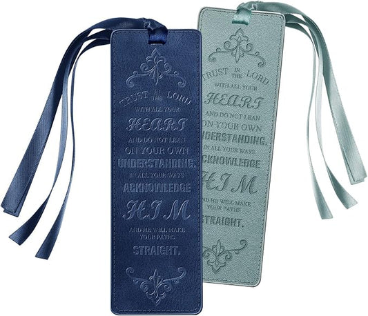 FINPAC Leather Bible Bookmarks, Vegan Religious Bookmarks, Bible Verse Book Markers Church Gifts for Women Men [Trust in The Lord with All Your Heart] - Turquoise + Navy