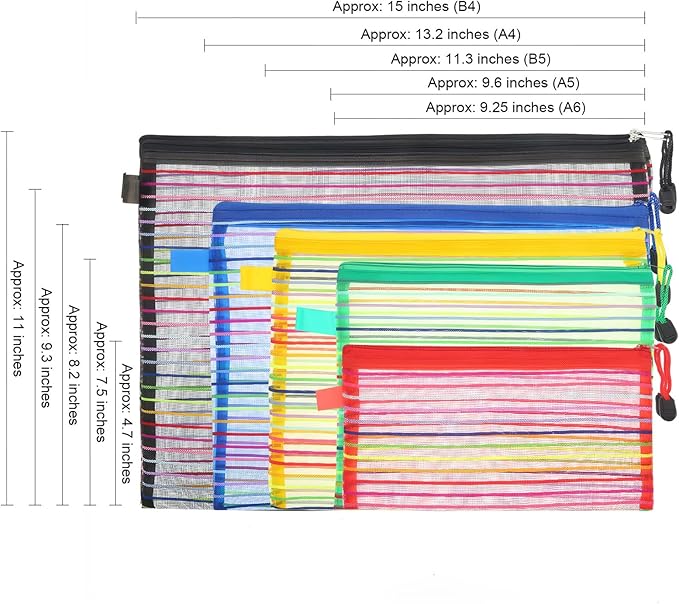 HESTYA 30 Pcs Mesh Zipper Pouch Bags for Organizing 5 Sizes, 5 Colors Large Small Pouch Bulk Cosmetics Purse Toiletry Travel Cases Multipurpose Makeup Document File Storage for Home Offices Supplies