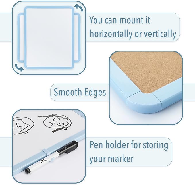 Mr. Pen- Dry Erase Board, 14” x 11” with a Black Dry Erase Marker, Blue Frame, Small Mini White Board for Students, Fridge, Wall, Locker, Includes Double Sided Tapes