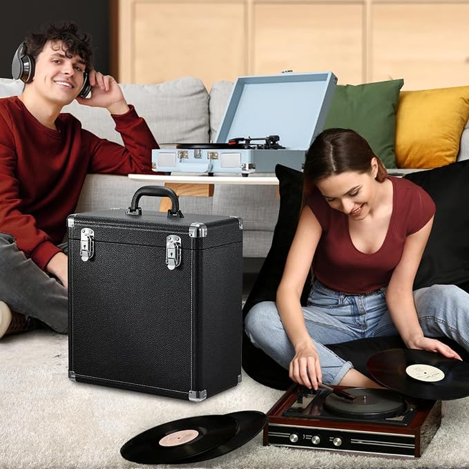 Hododou Vinyl Record Storage Box with Lock Record Organizer Storage for 30+ Single Records 12-inch Water Resistant Collapsible Storage Crate with Lid Handle Mesh Pouch for Valuable Album Collection