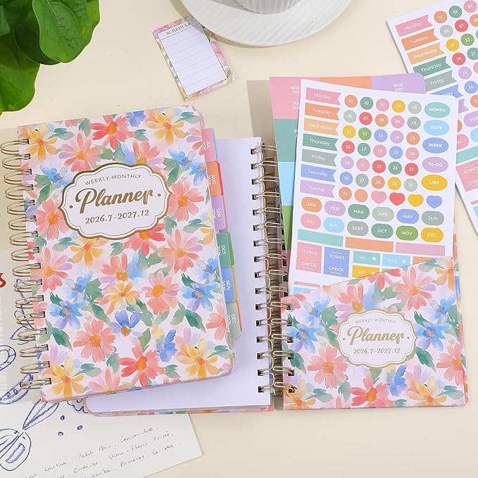 Planner 2026-2027, Floral 18 Months Academic Daily Weekly Monthly Planner Yearly Agenda July. 2026–Dec. 2027, 5.58" x 6.3", Month Tabs, Pocket Folder, Bookmark, Stickers,Ruler with Sticky Note Set