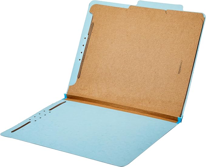 Amazon Basics Classification Folder with Prongs, 100% Recycled, 2 Dividers, 2" Embedded Fasteners, Letter Size, for Documents Organization, Light Blue, 10 Count