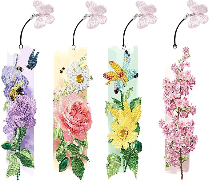 Flower Diamond Art Bookmarks for Adults, 4 PCS Flower Diamond Painting Bookmarks with Pendant, 5d Gem Art, Acrylic Easy DIY Crafts for Books Decor Gift
