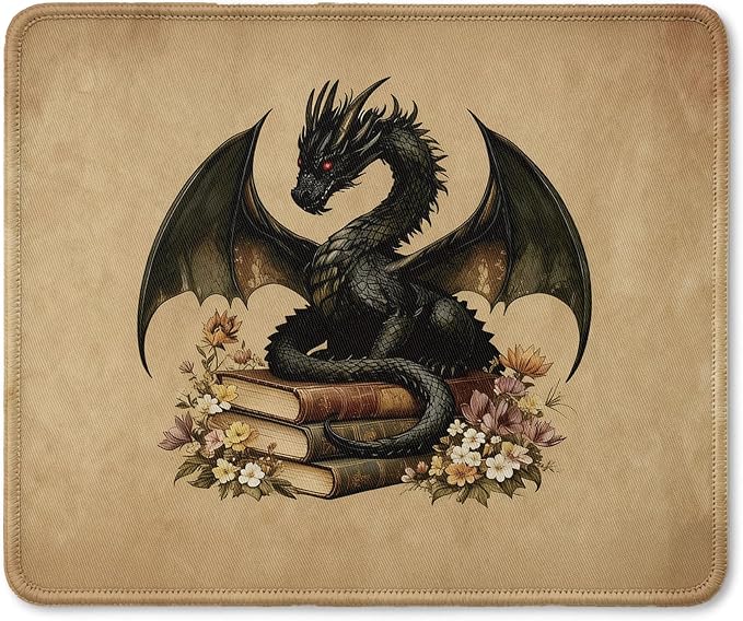 Vintage Book Lover Dragon Mouse Pad, Black Baby Dragon Mouse Pad for Book Readers, Fantasy Desk Accessory for Home Office Computers Laptop, Bookish Gift for Reading Lovers, 9.5x7.9 Inch