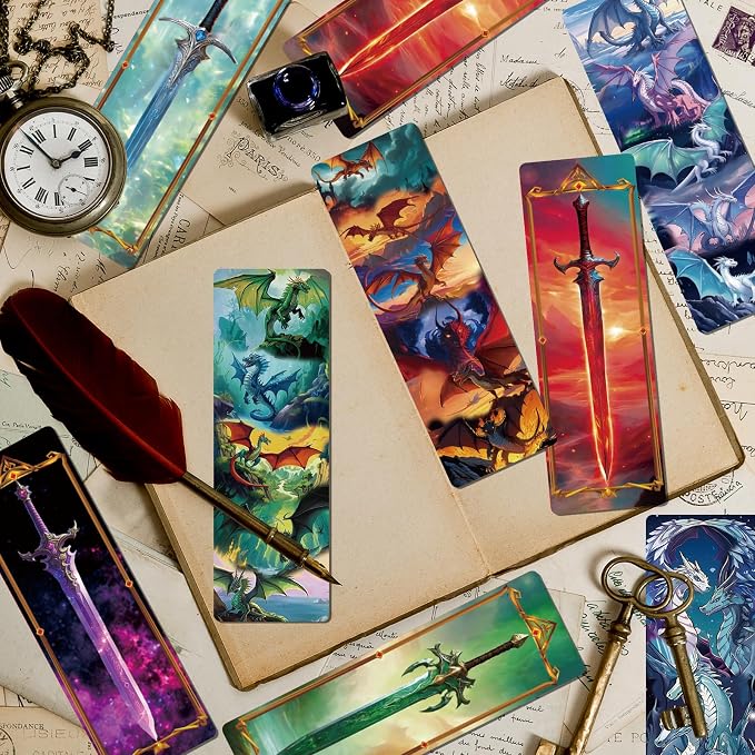 Wxiben Dragon Sword Bookmarks Gifts - 48PCS Fantastic Bookmarks for Men Cool Anime Book Markers Sword Dragon Book Mark for Boy Students Teacher Reading