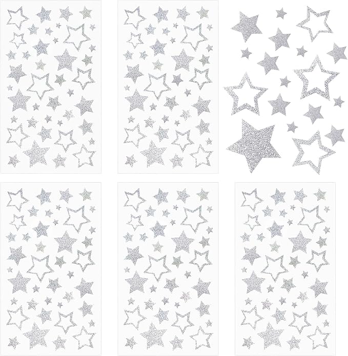 5 Sheets Glitter Silver Stars Stickers, Self-Adhesive Star Labels for Crafts, Christmas Decorations & Scrapbooks