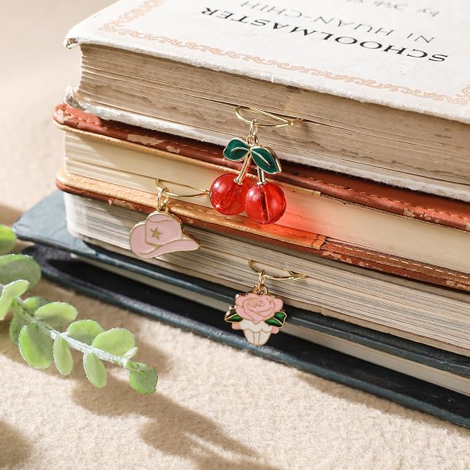 Cute Pink Bookmark Gift - 8 PCs Western Cowboy Boots Metal Aesthetic Paperclip Book Mark Flower Cherry Bow Page Markers for Reading Lovers Women Girls Students Teachers School Accessories