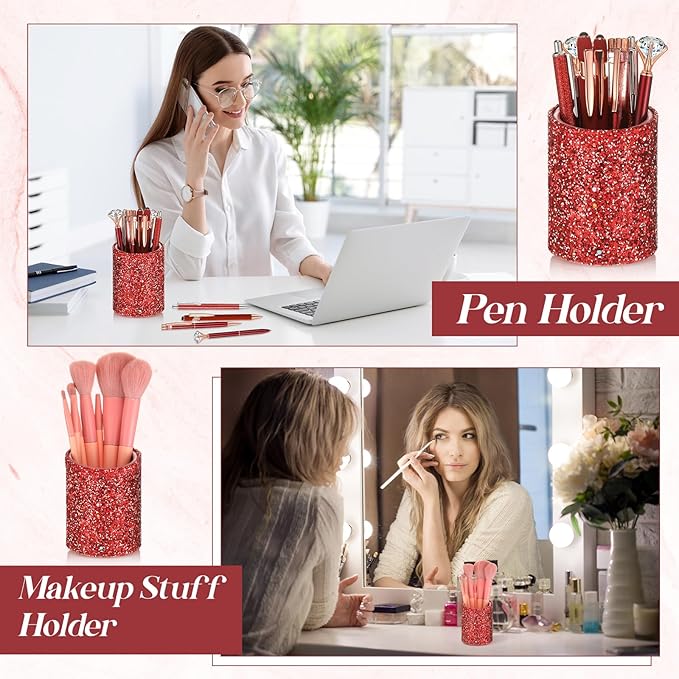Sabary 8 Pcs Red Pens with Pen Holder for Desk Glitter Crystal Diamond Cute Ballpoint Fancy Pencil Holder Bling Desk Organizer for Women Girls School Office Supplies Wedding Graduation Gifts
