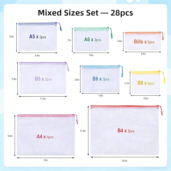 28Pcs Mesh Zipper Pouch Bags for Organizing, Waterproof Zipper Pouches in 8 Sizes, Multipurpose Mesh Pouch and Zipper Bags for Documents, School, Office, Home, and Travel Storage