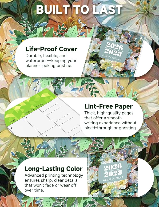 Pocket Calendar 2026-2028 Floral Series, Monthly Planner Jan 2026 to Jul 2028 (3.7" x 6.7") Perfect Purse Calendar, Pocket Agenda with Protective Plastic Sleeve-Mixed Floral