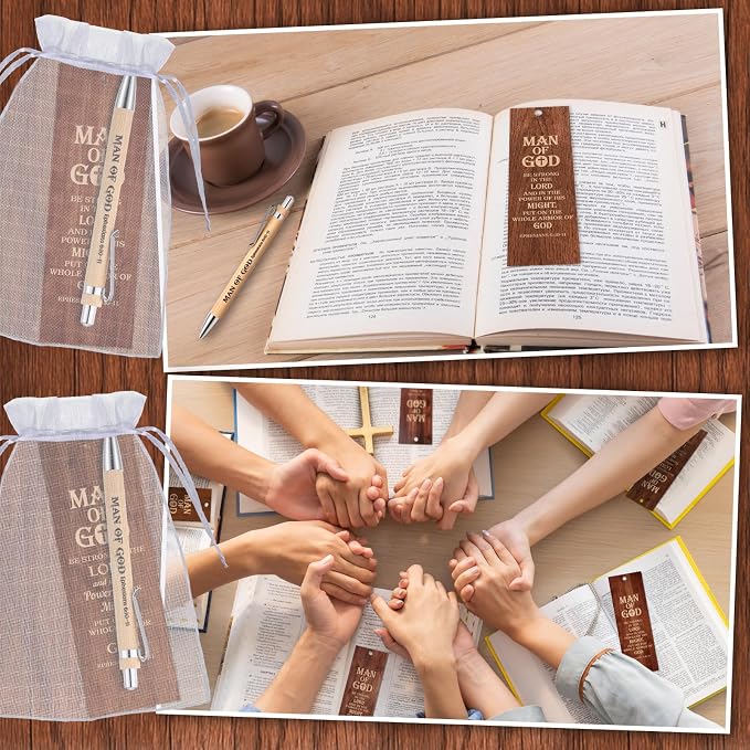 Dispowreath 24 Pcs/12 Sets Man of God Gift, Include 12 Man of God Ephesians 6: 10-11 Bookmark 12 Bible Verse Bamboo Ballpoint Pen for Men Church Prizes Party Favors