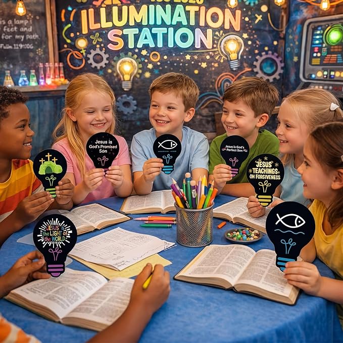 Eaasty 144 Pcs 4.6 x 3.2'' 2026 Vbs Vacation Bible School Memory Tags Illumination Theme Light Bulb Tags Double-Sided Printed for Jesus Faith Learning Church Activity Supplies