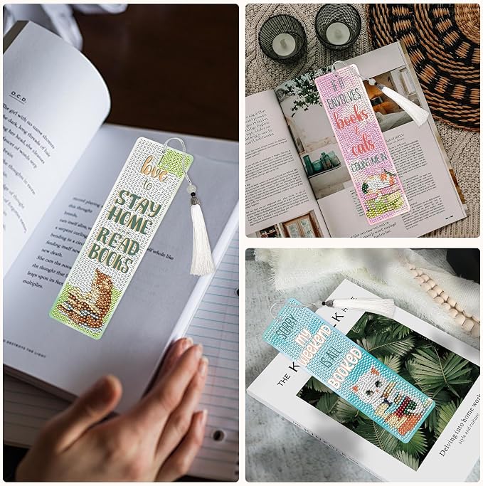 Reading Diamond Art Bookmarks for Adults - 6 PCS DIY Books and Cute Animal Diamond Painting Bookmarks with Tassel DIY Cat Dog Art Craft Making Kits for Reading Lover Book Lover Beginners