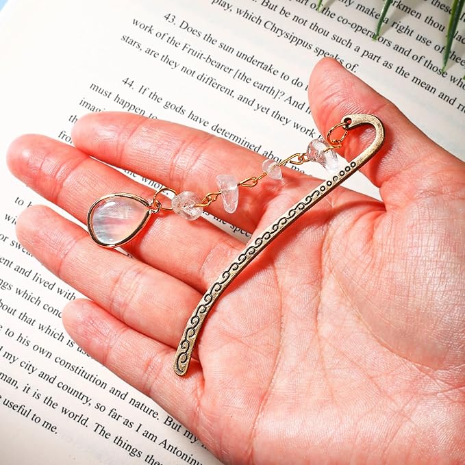 Vintage Metal Pendant Bookmark with Opal Drop Shell&Clear White Quartz Crystal StonesBead Chain–Elegant Natural Stone Protein Bookmarks for Women,Men,Book Lovers and Girls(Bronze)