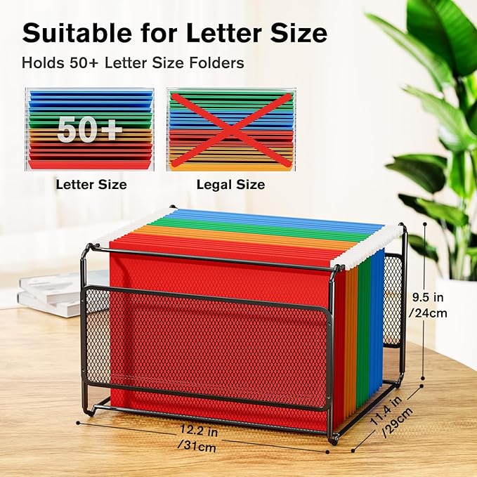 MaxGear Hanging File Organizer Box, Letter Size Hanging Folder Organizer with Smooth Rails, Metal Filing Box for Hanging File Folders, Mesh File Storage Box for Desk, Office, School, Home, Black