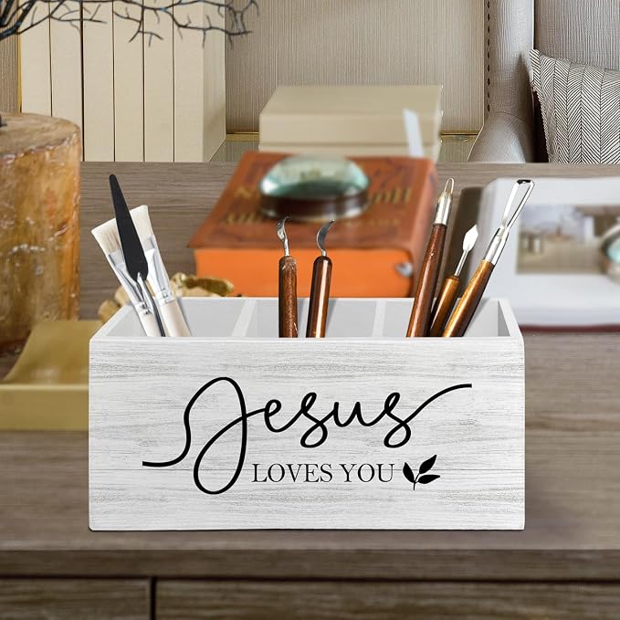 Christian Jesus Loves You Pen Pencil Holder Organizer for Desk Accessories, Religious Bible Verse Wooden Box Sign Desk Decor for Home Office Decoration, Christian Gifts for Women Men