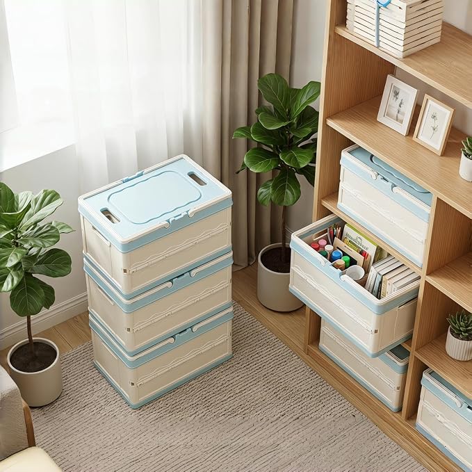 BEANGEL Collapsible Storage Crate with Lid and Handle, Foldable Plastic Bin, 7 Gallon, 16.5x11x9 in, for Home, Kitchen, Pantry, and Picnic