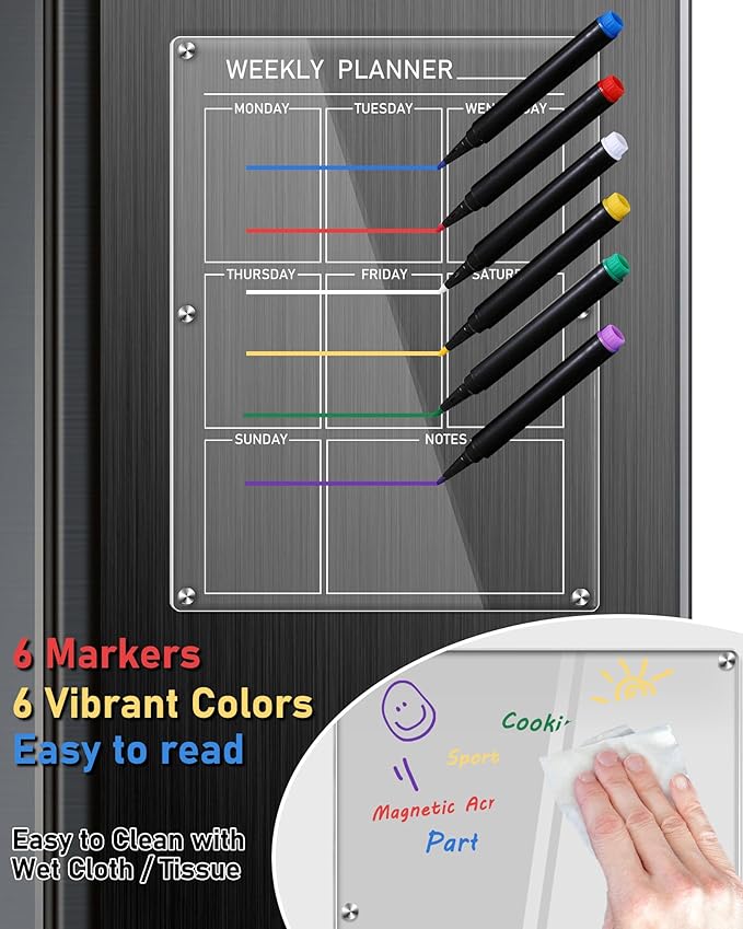 Clear Magnetic Acrylic Calendar for Fridge, bamandan Reusable Magnetic Fridge Calendar Dry Erase Board, 12x16 Inches Weekly Menu Board for Kitchen Fridge Includes 6 Colors Markers