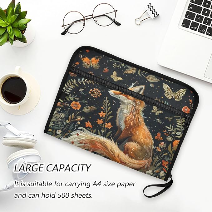 ALAZA Vintage Fox Butterfly Flowers Expanding Filing Folder, 13 Pockets Expandable Document Organizer Folder with Zipper Closure for Home Office A4 Letter Size Paper Document