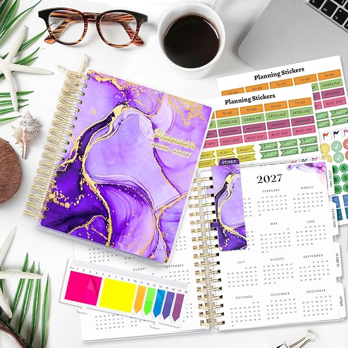 Planner 2026-2027, Large 18 Months Academic Daily Weekly Monthly Planner Yearly Agenda Jan. 2026–June. 2027, 7.9" x 9.8", Page Tabs, Separator Page, Pocket Folder, Bookmark, Stickers, Sticky Note Set