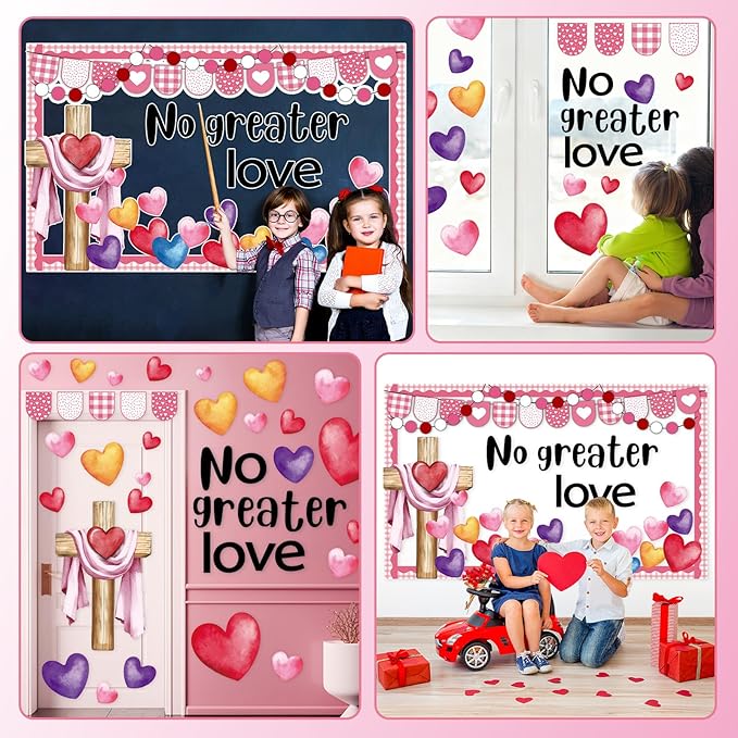 Valentine's Day Christian Bulletin Board Decoration Set Love Heart Cross Bible Verse No Greater Love Bulletin Board Classroom Decoration Cutouts for Sunday School Church VBS Wall Door Decors
